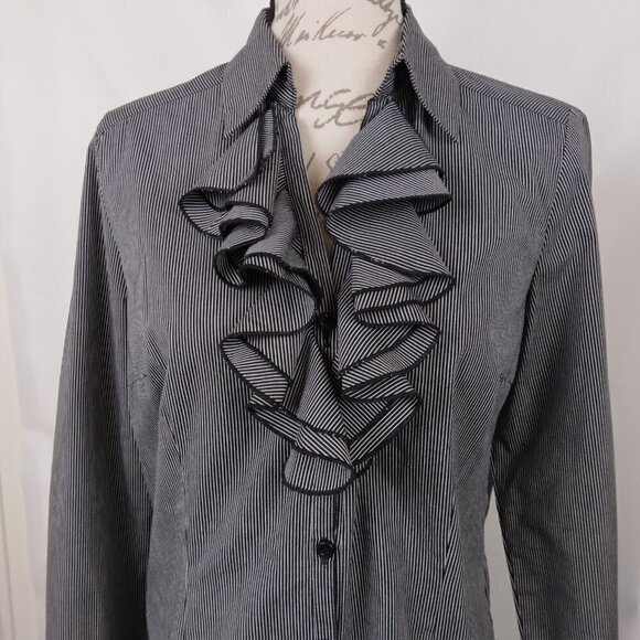 Spense |Black Gray Stripe Ruffled Long Sleeve Blouse | Size L - Picture 2 of 5